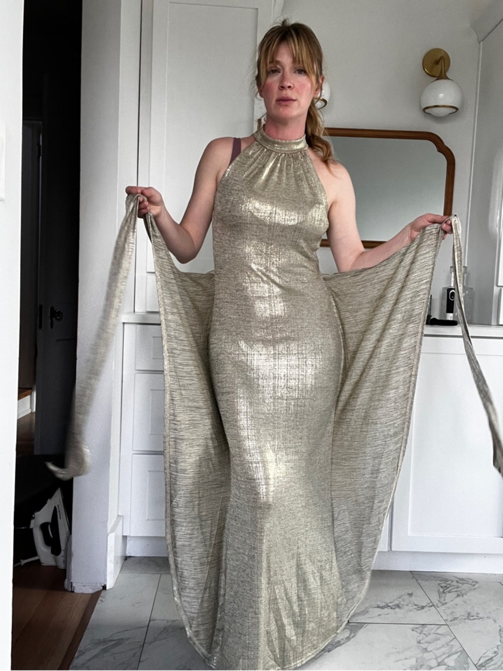 Shimmering Gold/sliver Halter Maxi slinky Dress with Dramatic Drape wrap